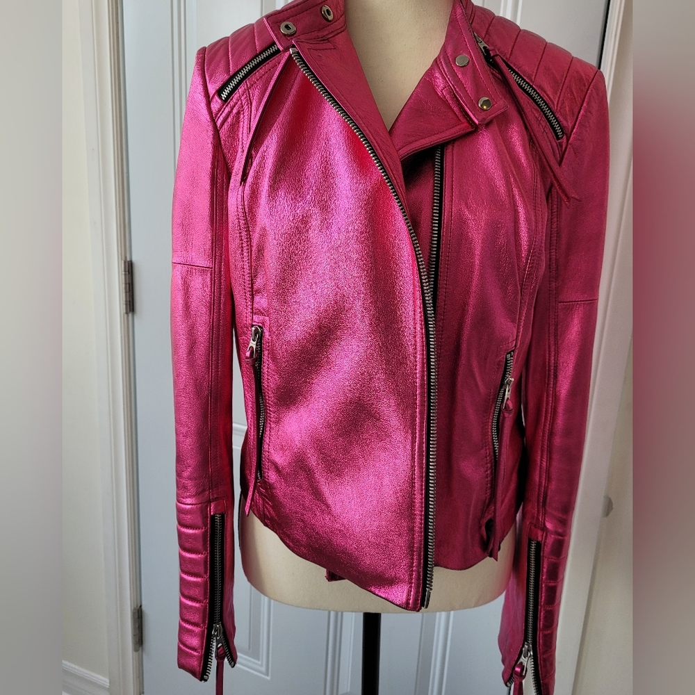 Rudsak pink metallic moto cropped leather jacket - size M